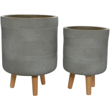 Textured Stripe Design Off-White Fibre Clay Planter W/Wood Legs Set 2