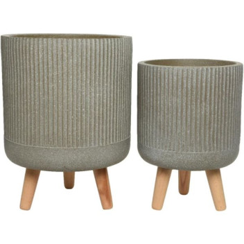 Textured Stripe Design Taupe Fibre Clay Planter W/Wood Legs Set 2
